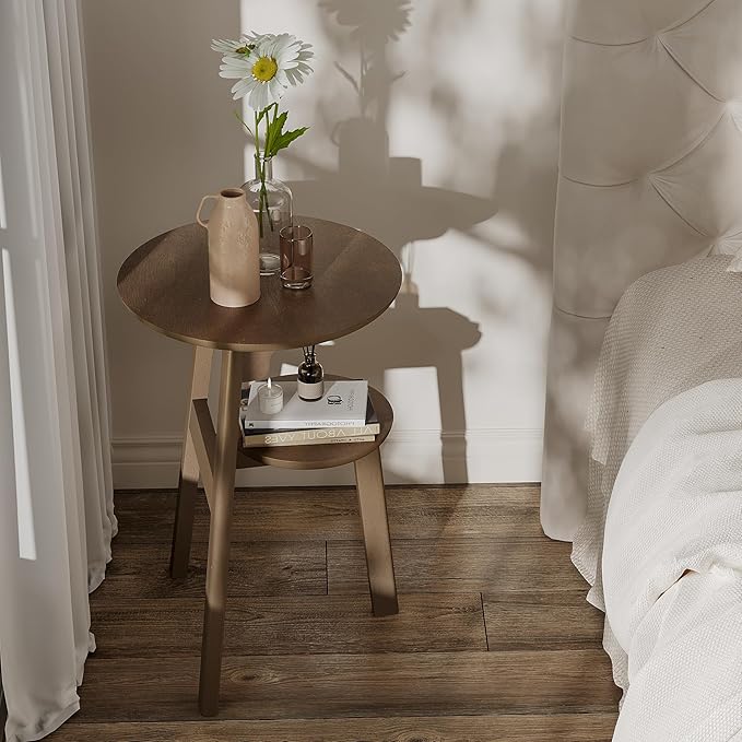 ChooChoo Round End Table for Small Spaces, Narrow Side Table, Accent Table Night Stand with 2 Tier Shelf for Bedroom and Living Room, Walnut