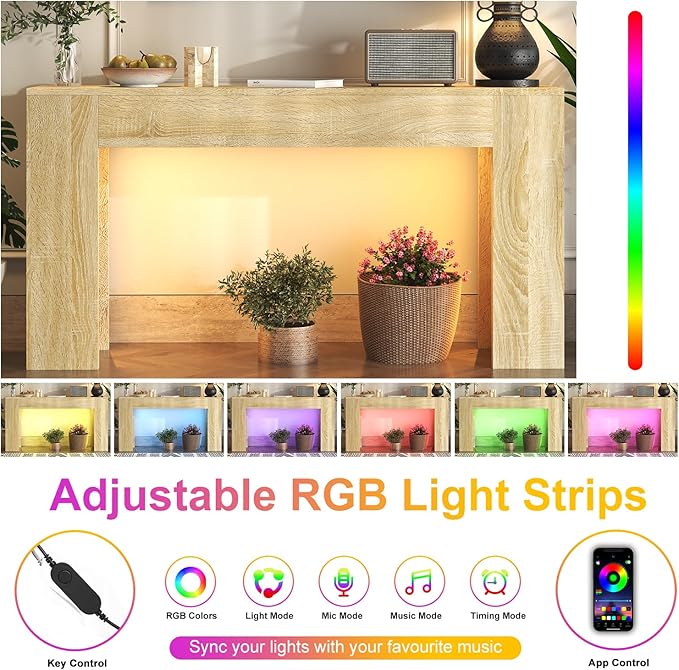 63-Inch Long Console Table with LED Light, Farmhouse Sofa Table Behind Couch, Wooden Console Table for Entryway Hallway Entrance Living Room, Nature