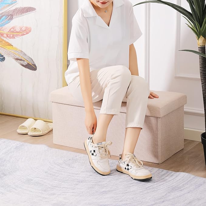 CUYOCA Storage Ottoman Bench Foldable Seat Footrest Shoe Bench End of Bed Storage with Flipping Lid, 75L Storage Space, 30 inches Linen Fabric Dark Blue