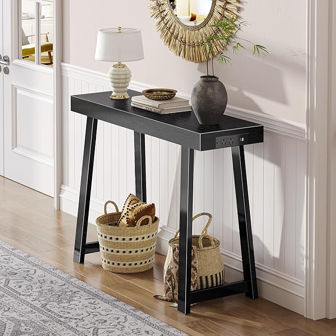 Huuger Entryway Console Table with Charging Station, USB-C Port, 39.4 Inch Sofa Table with Metal Legs, Entry Hallway Table with Thicker Desktop, Modern Behind Couch Table, Black