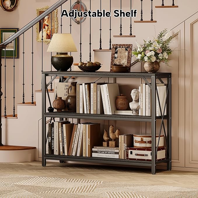 Homeiju Entry Table 40" Width, 3-Tier Entryway Table with Storage, Industrial Sofa Table with Open Shelves, Foyer Tables for Entryway, Hallway, Kitchen, Living Room and Bedroom, Black