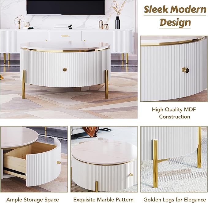 31.5" Round Coffee Table with Storage, Modern Round Coffee Table with 2 Drawers Storage Accent Table Round Black End Table for Living Room,White