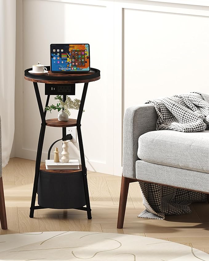 Yusong Round Side Table with Charging Station, Small Drink Table for Small Spaces, 3-Tier Industrial End Table, Accent Nightstand Bedside Table for Living Room, Bedroom, Sofa Couch, Rustic Brown