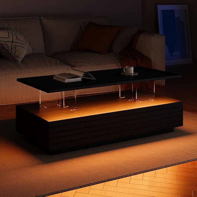 LED Coffee Table with 2 Large Drawers, 47.2" Multi-Color Adjustable Lighting & Ample Storage for Magazines for Living Room, Modern Rectangular Sturdy Engineered Wood Tea Table for Furniture, Black