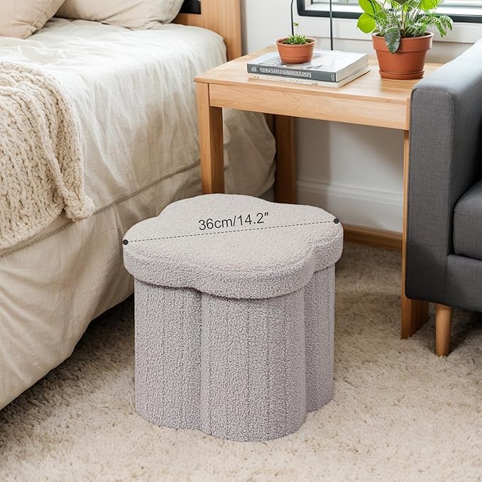 12.6" Small Ottoman with Storage, Flowers Shaped Foldable Foot Rest for Dorm Room, Living Room - Compact Organizer for Small Spaces-Grey