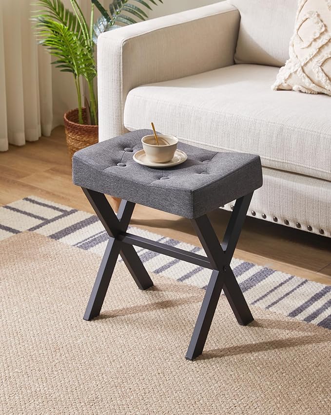 IBUYKE U-Shaped Linen Vanity Stool, Square Makeup Chair with X-Leg, Ottoman Seat Footrest Stool, Multi-Use as Small Side Table, for Bedroom, Living Room, Dark Gray WBD018G