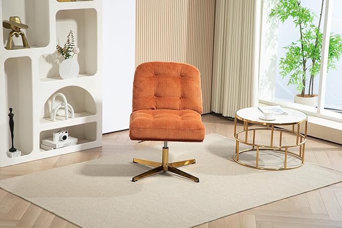 ZOBIDO Modern Accent Corduroy Chairs Comfy Upholstered Vanity Chairs for Bedroom Armchair Dining Chairs with Golden Metal Legs Desk Chair for Living Room(Orange