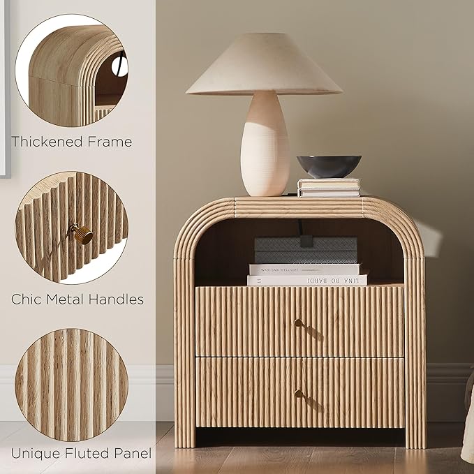 T4TREAM Fluted Nightstand with Charging Station, 24" Large 2 Drawers Bedside Table, Modern End Table with Storage Night Stand for Bedroom, Living Room, Round Curved Corner Design, Natural Oak