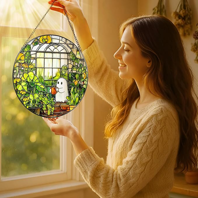 8'' Halloween Ghost Greenhouse Sun Catcher Ornament, Stained Glass Window Hanging, Sun Catchers for Windows Hanging Ornaments, Window Decor, Holiday Present, Ideal Gift | Plant Lovers Gifts