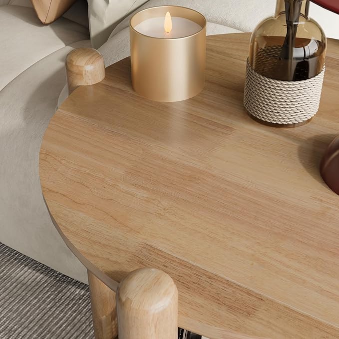NSdirect Round End Table for Living Room, 2-Tier Rustic Wood Center Table for Home Decor with Boho Woven Rattan Storage Shelf | Modern Farmhouse Design, Easy Assembly, Oak