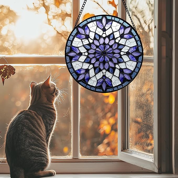 Stained Glass Window Hanging, Purple Blue Tiffany Style Flowers Sun Catcher for Window Door Home Decor Suncatcher Christmas Mother's Day Birthday Gifts for Women Men Mom Nana 11.8 in