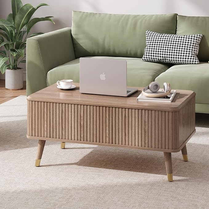 Lift Top Coffee Table with Storage Shelf & Hidden Compartment, Mid Century Modern Fluted Rectangle Dining Table for Living Room, Home Office, Natural Oak