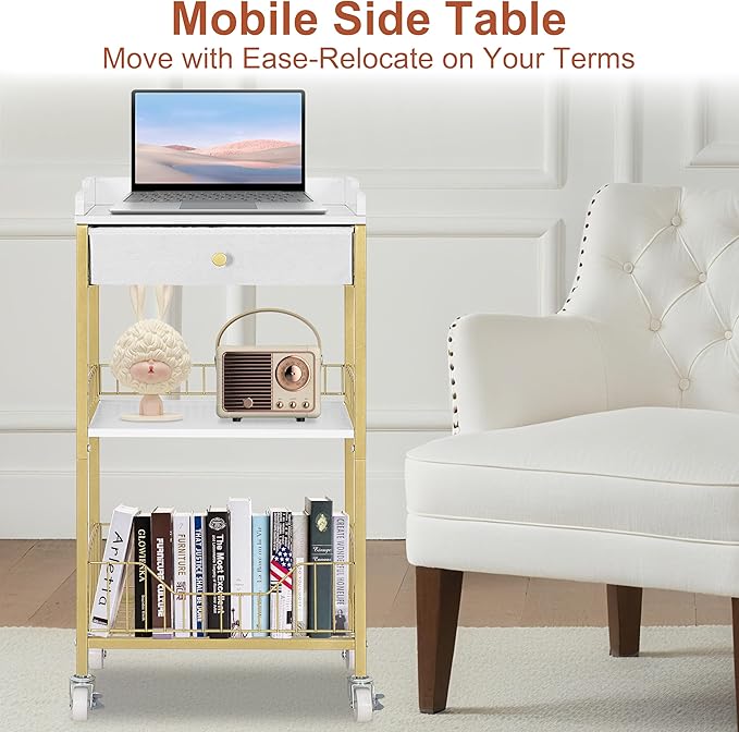 Small Side Table with Storage Basket, Narrow End Table with Drawer, 4-Tier Bathroom Storage Shelves with Optional Wheels, Tall Nightstand for Dorm, Living Room, Bedroom, Gold & White