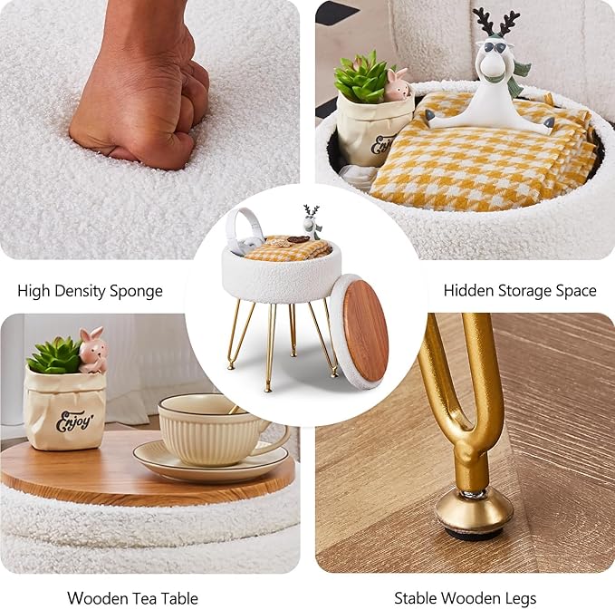 Wimarsbon Storage Ottoman,Teddy Velvet Vanity Stool,Soft Padded Seat,Round Footrest with Removable Cover and Adjustable Legs,Modern Decorative Accent Footstool or End Table for Hallway (White)