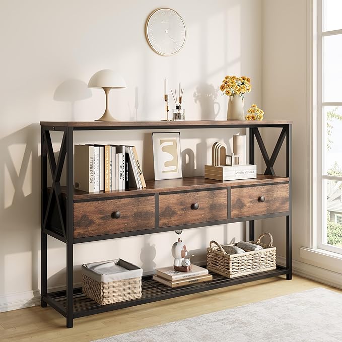 47'' Farmhouse Console Table with 3 Drawers and Open Shelf, Sofa Table Behind Couch for Entryway, Living Room, Hallway, Foyer, Rustic Brown, Durable and Wear-Resistant