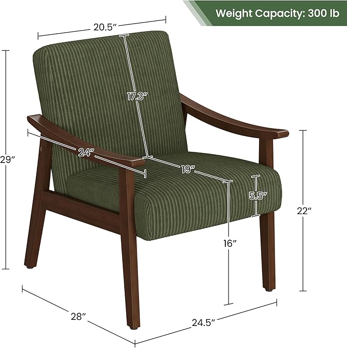 Yaheetech Corduroy Accent Chair, Mid-Century Modern Armchair with Solid Wood Legs, Reading Leisure Chair with High Back for Living Room Bedroom Waiting Room Dark Green