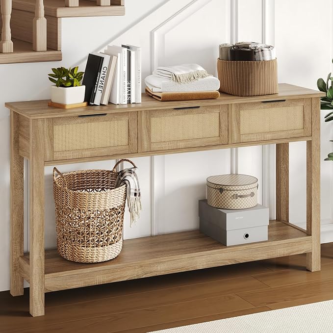 Luoxiao Rattan Console Table Boho Entryway Table with 3 Drawers Storage, Narrow Long Behind Couch Sofa Table for Living Room Side Table Entry Way Table Entrance Hallway Foyer, Natural, 47 Inch