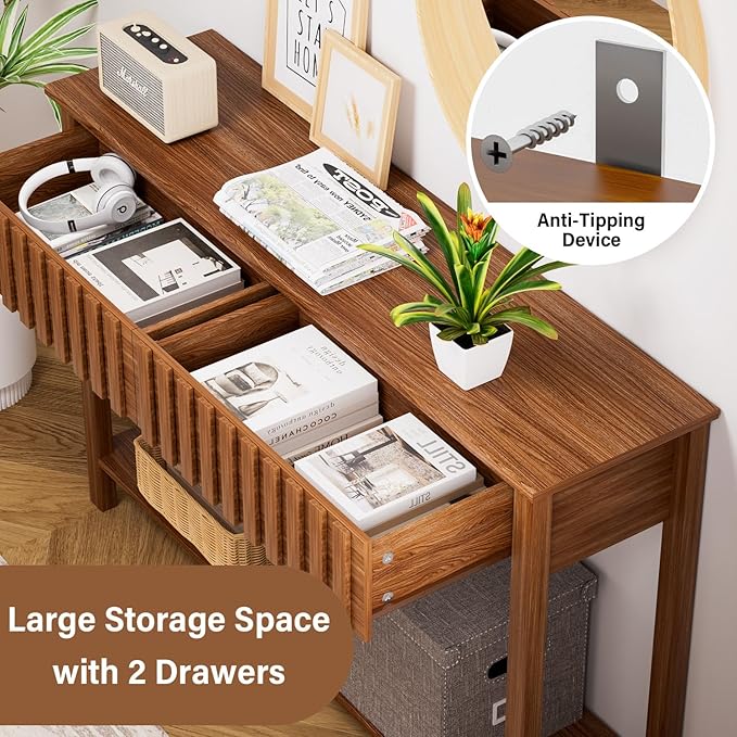 CHUWELL Entryway Console Table with 2 Fluted Drawers and Shelf, 47.2" Mid Century Entryway Table, Sofa Table for Living Room and Hallway (Brown)