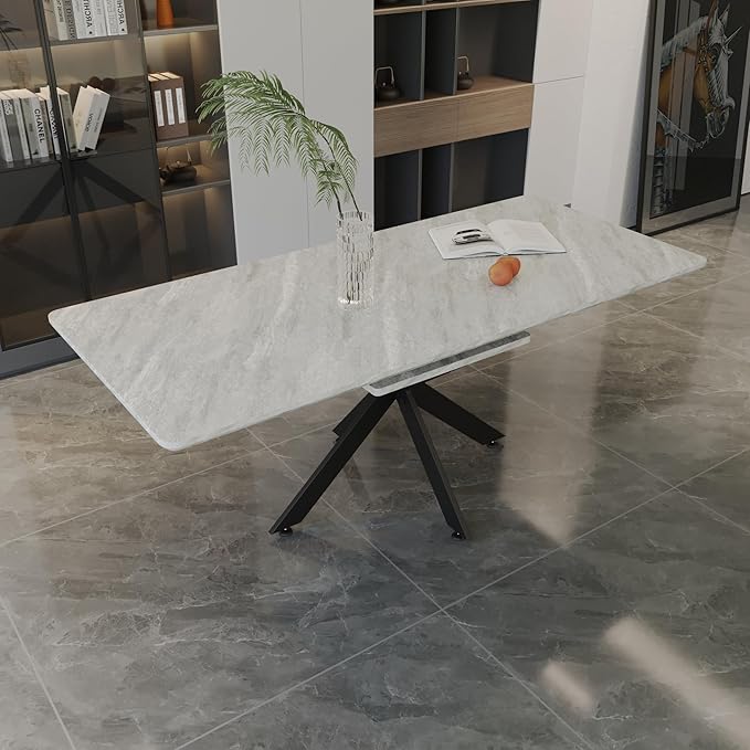 Marble Dining Table for 4-8, 62.4''-78.15'' Extendable Dining Table, Modern Kitchen Table, Space Saving Rectangular Table for Office and Dining Room (Grey)