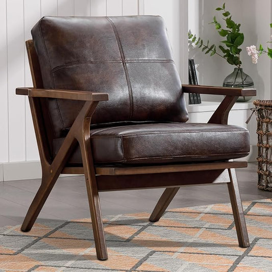 INZOY Mid-Century Modern Accent Chair with Wood Frame, PU Leather Living Room Chair and Soft Thick Padded Armchair for Living Room Bedroom Reception with Removable Upholstered Cushions, Brown