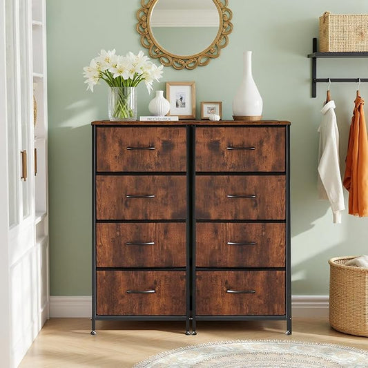 Nightstand, 4 Drawer Dresser End Table Bedside Furniture with Wooden Top Steel Frame Fabric Bins for Bedroom, Closet, Entryway, Dorm, Living Room, Brown