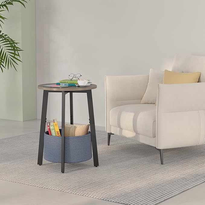 Small Round Side End Table with Cloth Storage Basket, Round Bedside Sofa Couch Coffee Tables for Small Places with Metal Frame, Modern Nighstands for Living Room Bedroom, Grey
