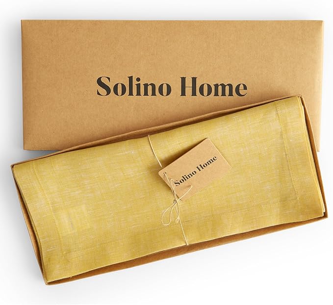 Solino Home Linen Small Table Runner 36 Inches - Athena, 100% Pure Linen Chambray Lemon Yellow Table Runner 14 x 36 Inch Ideal for Dresser and Coffee Tables