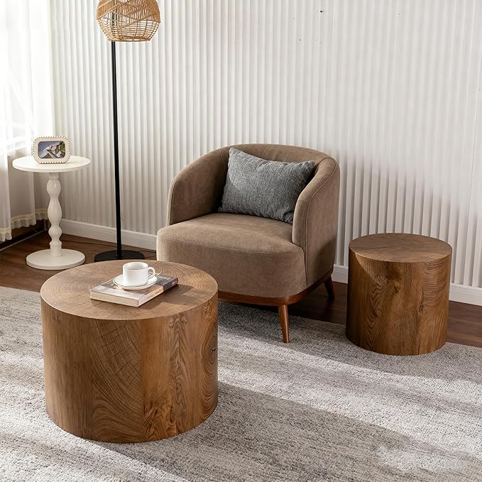 Nesting Round Coffee Table Set of 2, Small Circle Accent End Table for Small Spaces, Morden Drum Side Table, Wooden Center Table for Living Room, Fully Assembled - Light Walnut