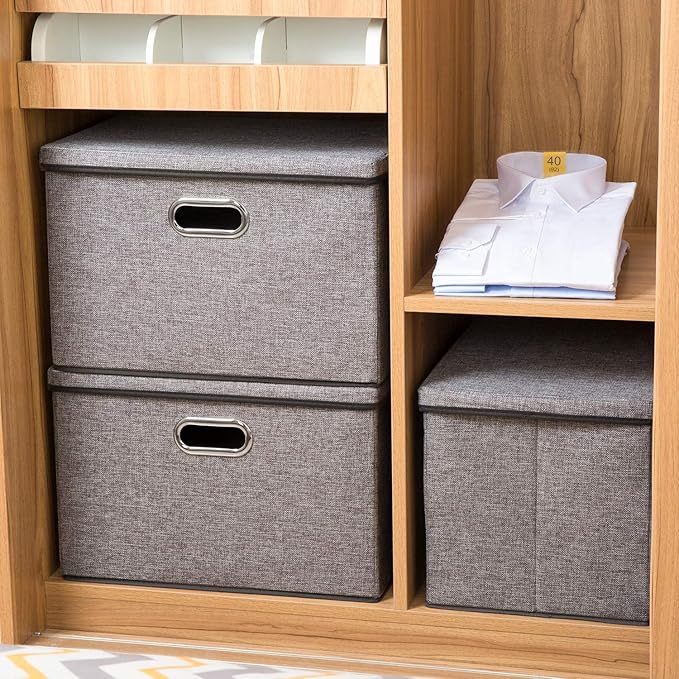 PRANDOM Large Collapsible Storage Bins with Lids [3-Pack] Linen/Cotton Blend Foldable Storage Boxes Organizer Containers Baskets Cube with Cover for Home Bedroom Closet Office Nursery(17.7x11.8x11.8)