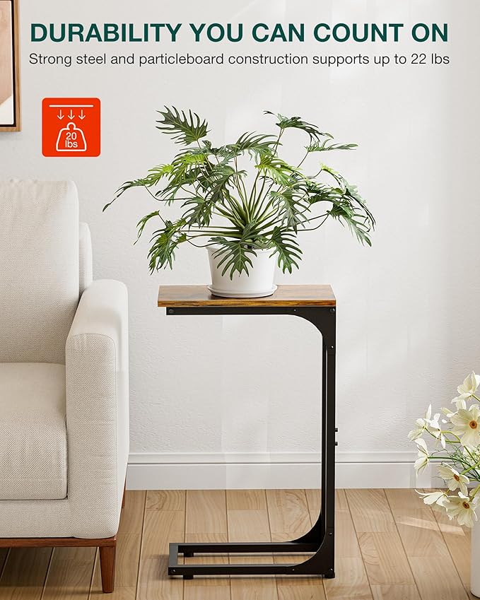 Narrow C Shaped Side Table Set of 2 - Small Sofa Couch Side Table for Living Room, Compact Coffee Tray Tables with Metal Frame, Easy Assembly, Space Saving Design