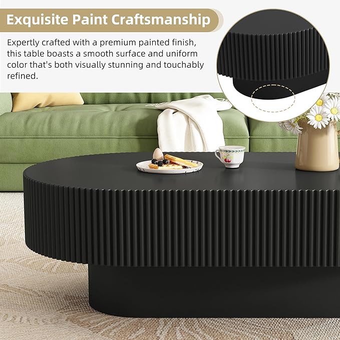 43.3" Oval Fluted Coffee Table, Modern Wood Pedestal Coffee Table, Black Fluted Tea Center Table with Thick Tabletop & Sturdy Pedestal for Living Room Apartment- Easy Assembly