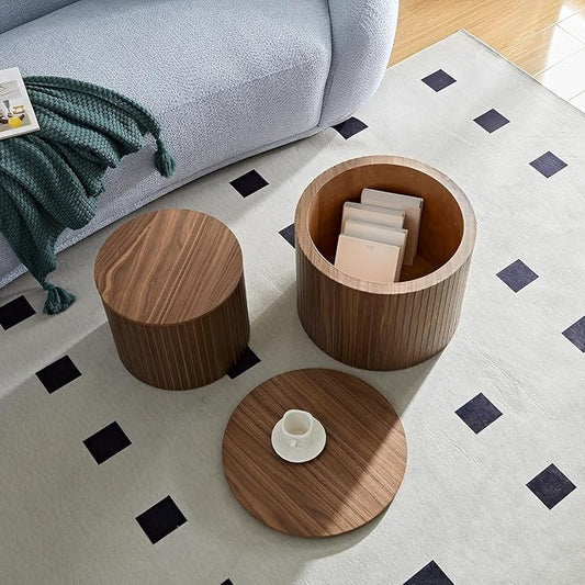 KEVINSPACE Small Coffee Table Nesting End Table Set of 2, Round Coffee Table with Storage Function Wood Side Table Circle Accent Tables for Small Spaces Living Room Bedroom Balcony Office Walnut