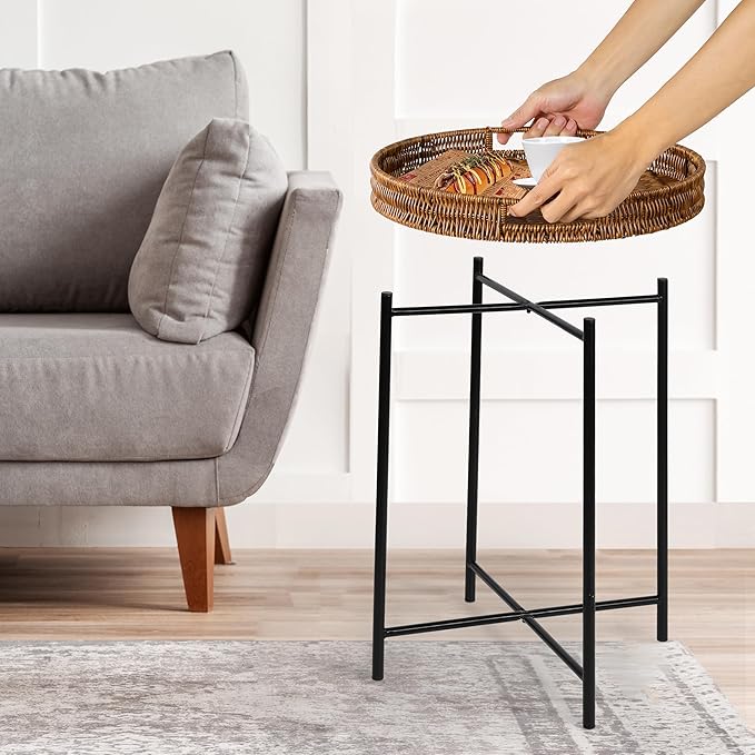 Small Wicker Round End Table, 16.5 in Rattan End Tables with Removable Tray, Waterproof Sofa Coffee Side Table, Indoor Outdoor Side Tables for Patio, Living Room Bedroom Office