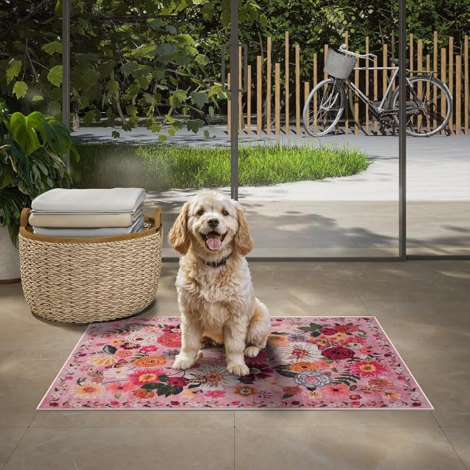 Pink Area Rugs 24x17 Inch Home Decor Entry Rug, Small Door Mat Bath Mats for Bathroom, Ultra-Thin Non Slip Floral Low Pile Tub Mat for Sink Shower Doorway Tub Kitchen Sink(2 x 1.4, Pink Garden)