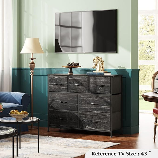 WLIVE 7 Drawer Dresser TV Stand, Entertainment Center, Media Console Table with Metal Frame and Wood Top for TV up to 45 inch, Chest of Drawers for Bedroom, Charcoal Black Wood Grain Print