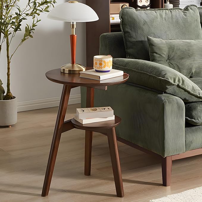 Side Table, 2-Tier Round End Tables Living Room, Mid Century Modern Side Table, Round Nightstand, Oak Accent Table, Small Round Coffee Table, 16.54" Dia.x 23.62" H(Walnut)