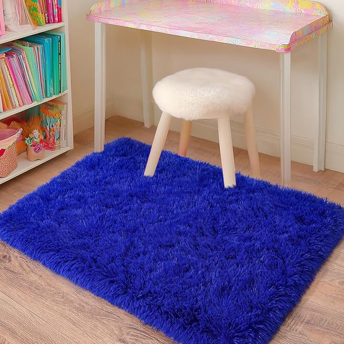 Small Rugs for Bedroom, Fluffy 2x3 Rug Throw Non Slip for Bedside Dorm Kids Room, Plush Comfy Shag Carpet for Home Decor Aesthetic, Royal Blue