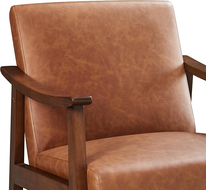 Yaheetech PU Leather Accent Chair, Mid-Century Modern Armchair with Solid Wood Legs, Reading Leisure Chair with High Back for Living Room Bedroom Waiting Room, Brown