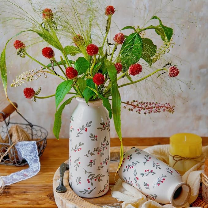 Ceramic Rustic Farmhouse Vase, Holly Pattern Flower Vase for Home Decor, Ideal Shelf Decor, Boho Vase for Living Room Bedroom Kitchen Office Decor Centerpiece Table Decorations (7.8 inches)…
