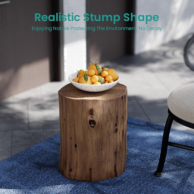 SUNBURY Outdoor Stump Side Table, Faux Wooden Concrete Side Table, Tree Stump Wooden Stool, Patio End Table, Round Outdoor Accent Drum Table, Light Brown Ottoman or Plant Stand