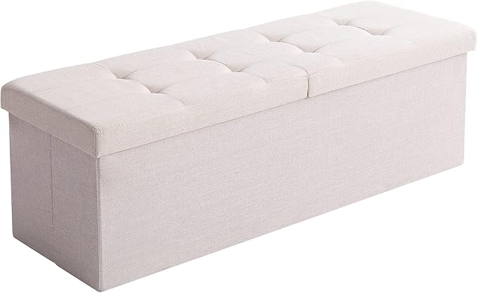 CUYOCA Shoe Storage Ottoman Foldable Seat Footrest Tufted Bench End of Bed Storage with Flipping Lid, 166L Storage Upholstered , Linen Fabric Beige, 45.3 Inches