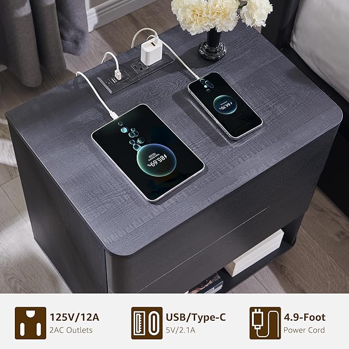 ACCOHOHO Nightstand Set of 2 with Charging Station, 22" Large Modern Bedside Table with 2 Drawers Storage,Push-to-Open End Table for Bedroom,Living Room,Black
