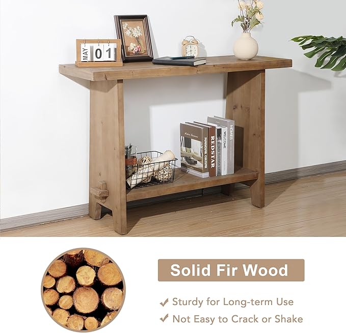 Solid Wood Console Table, 43.3" Farmhouse Entryway Table with Storage Shelf, Rustic Narrow Skinny Behind Couch Sofa Table for Living Room, Hallway, Entryway, Foyer, Brown