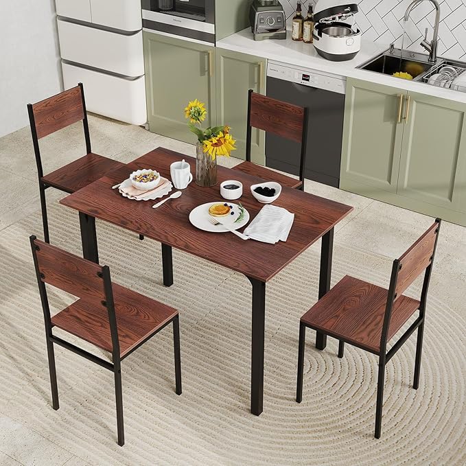 GOFLAME 5-Piece Dining Table Set, Industrial Kitchen Table and Chairs for 4 with Backrest and Metal Frame, Rectangular Space-Saving Dinette Set for Dining Room, Apartment, Small Space, Walnut
