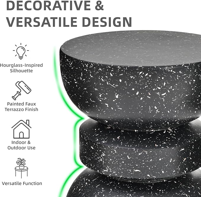 18" Outdoor Side Table, Modern Hourglass Garden Stool in Painted Faux Terrazzo-Look, Patio Coffee Accent Table Decorative, Durable Weatherproof & Easy Assembly Round Table for Room Porch Black