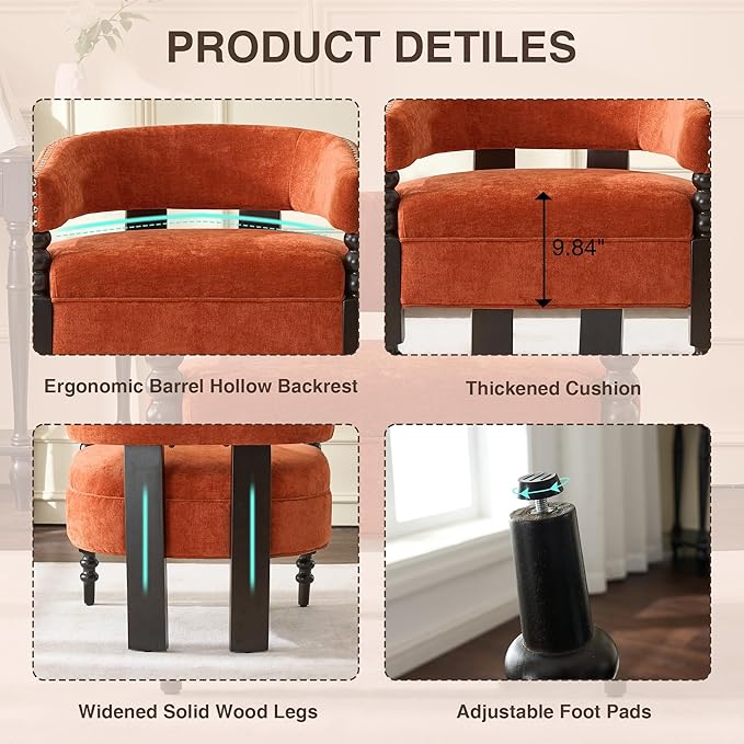 LOULENS Barrel Accent Chair for Living Room | Vintage Chenille Upholstered Lounge Chair with Solid Wood Legs, Armchair for Bedroom, Reception Room & Reading Nook, Orange