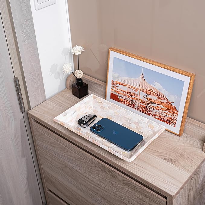 PEMAR 12"x7" Mother of Pearl Decorative Tray with Raised Edge for Coffee Table Perfume Living Room Kitchen Bathroom. Elegant Multipurpose Centerpiece Vanity, Fruit Display Serving Tray & Bowl