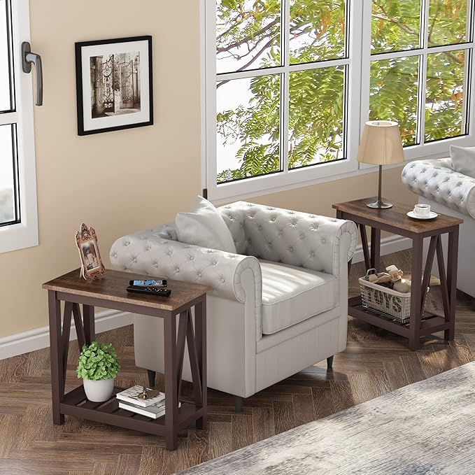 ChooChoo Farmhouse End Table, Rustic Vintage Narrow End Side Table with Storage Shelf for Small Spaces, Nightstand Sofa Table for Living Room, Bedroom Espresso
