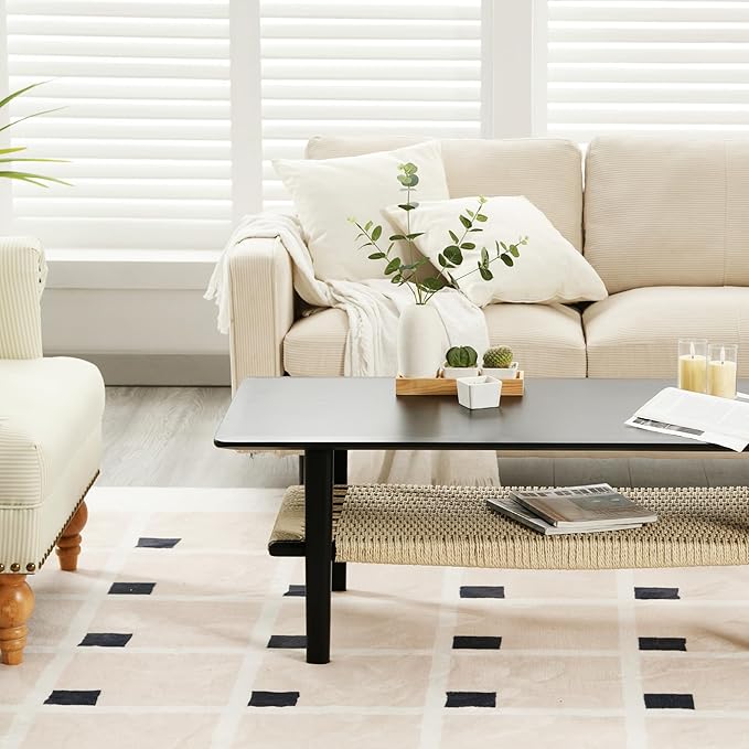 Farmhouse Coffee Table with Rattan Storage Boho Mid Centry Modern Center Table with Under Shelf Wood Living Room Table with Woven Shelf Underneath for Living Room Lounge, Black