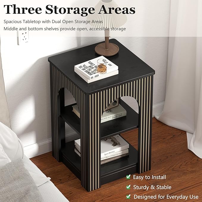 End Table Set of 2, Mid-Century Modern Side Table with 3-Tier Storage Shelves and Arched Carving Lines, Square Fluted Nightstand for Living Room, Bedroom, or Office (2, Black)